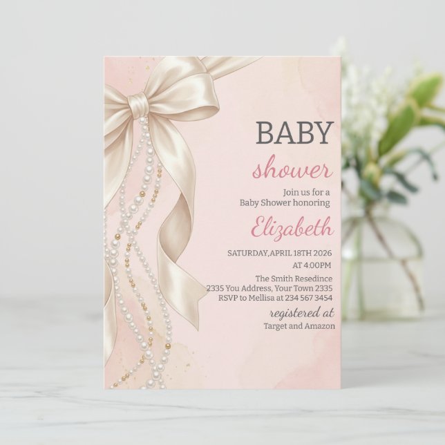 Convite de Chá de Bebê Menina Rosa Pérola com Laço (Em pé/Frente)