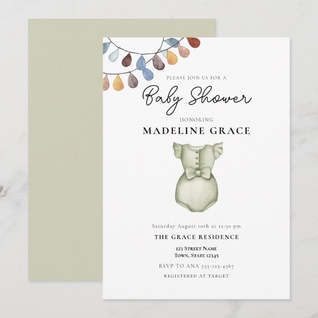 Convite de Chá de Bebê Menina Roupas Boho Fofas (Frente/Verso)