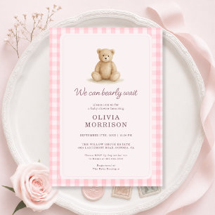 Convite de Chá de Bebê Menina Urso de Pelúcia Xadr