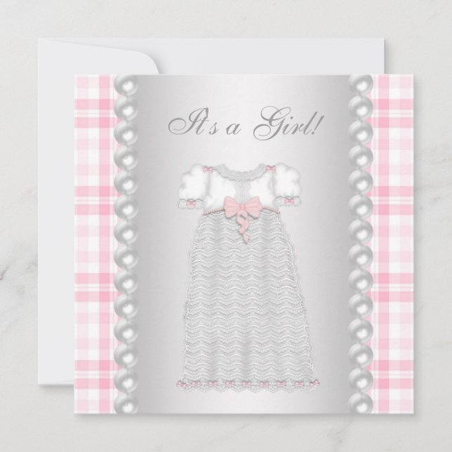 Convite de Chá de Bebê Menina Vestido Pérolas Rosa (Frente)