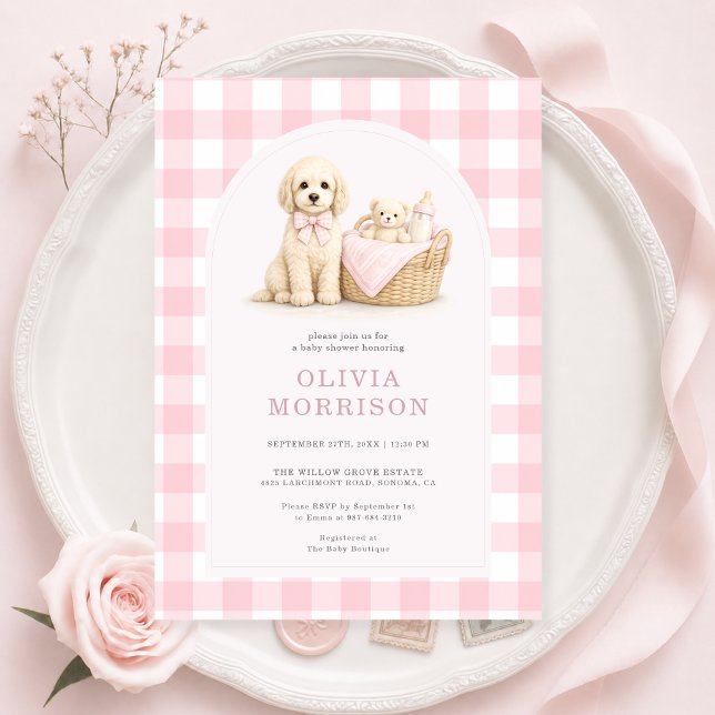 Convite de Chá de Bebê Menina Xadrez Rosa Cachorri (Criador carregado)