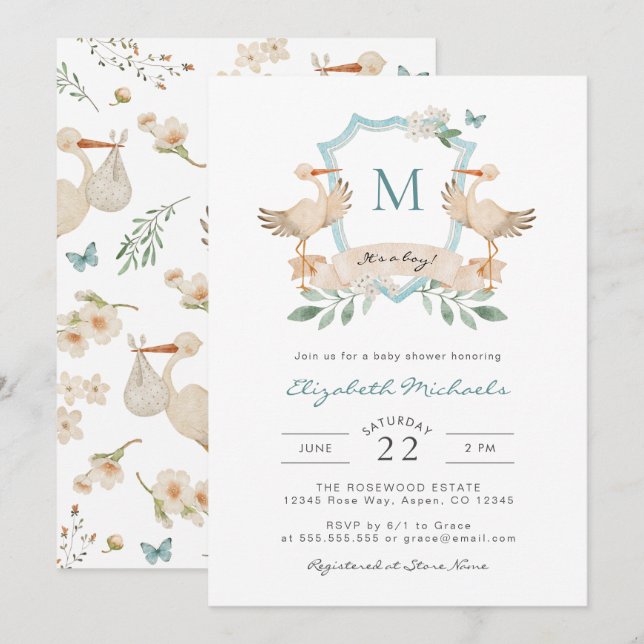 Convite de Chá de Bebê Menino Azul (Frente/Verso)