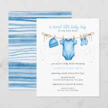 convite de chá de bebê menino azul linha de roupa 