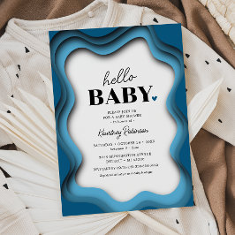 Convite de Chá de Bebê Menino Azul Onda Retro