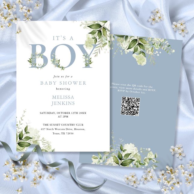 Convite de Chá de Bebê Menino Azul Poaento Folhage (Its A Boy Dusty Blue Greenery QR Code Baby Shower Invitation)