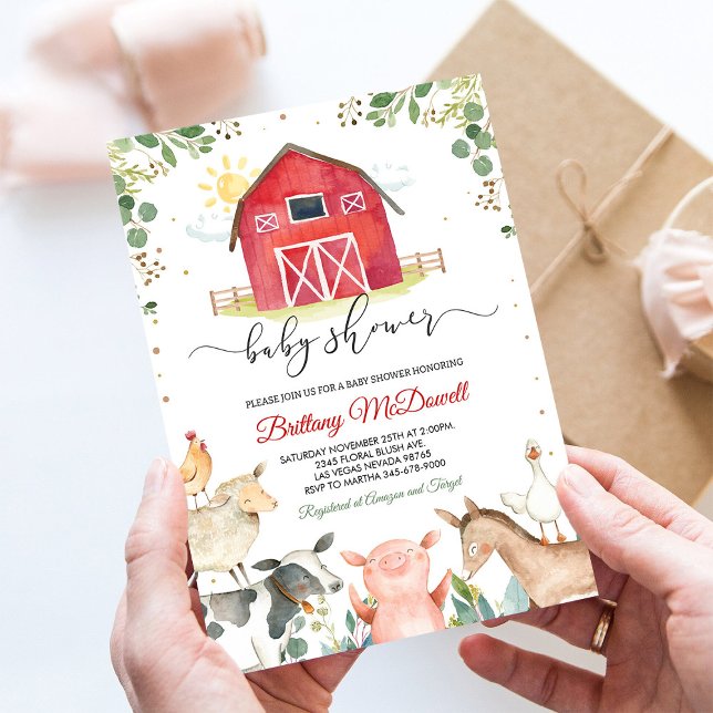 Convite de Chá de Bebê Menino com Animais da Fazen (Criador carregado)