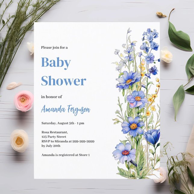 Convite de chá de bebê menino com florais azuis (Criador carregado)