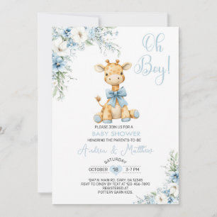 Convite de chá de bebê menino com girafa azul flor