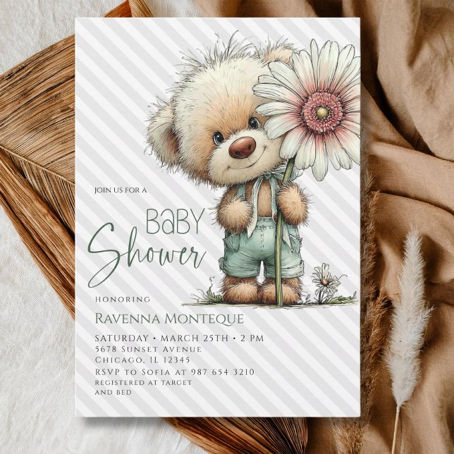 Convite de Chá de Bebê Menino Grey Stripe Bear Dai (Criador carregado)