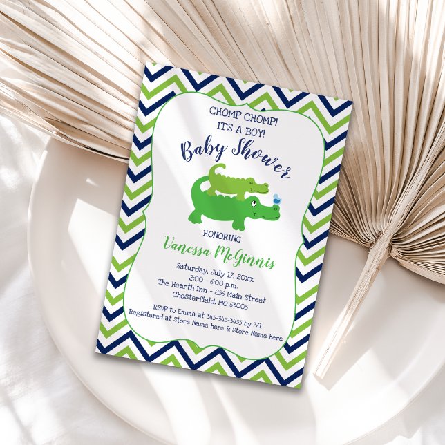 Convite de Chá de Bebê Menino Jacaré Verde Azul (Preppy Alligator Baby Shower Invitation )