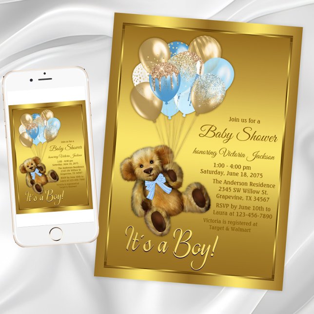 Convite de Chá de Bebê Menino Urso de Pelúcia Balã (Boy teddy bear balloons baby shower invitation. Instant download and printed invitations available.)