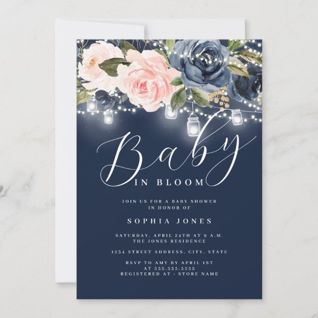 Convite de Chá de Bebê Navy Rosa Floral Baby In Bl (Frente)