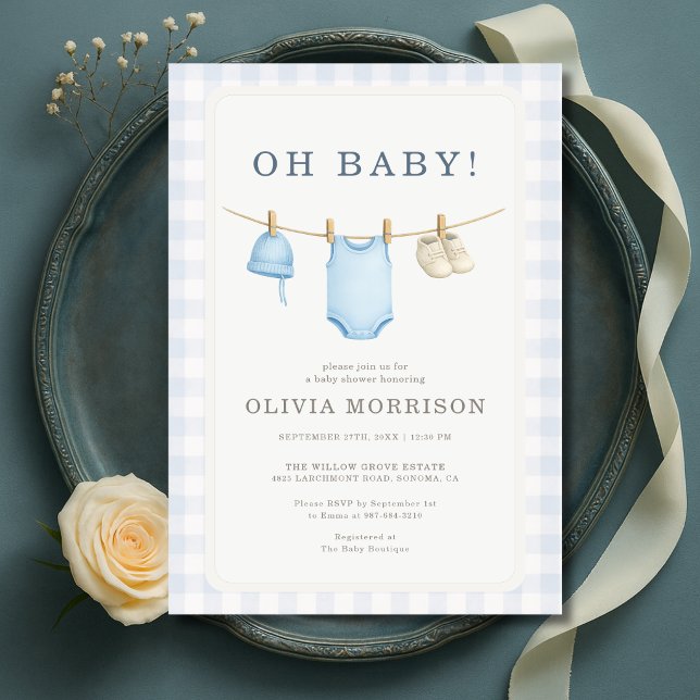 Convite de Chá de Bebê Oh Baby Blue Gingham (Criador carregado)