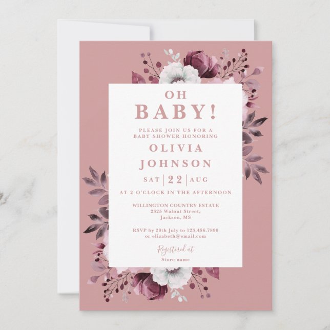 Convite de Chá de Bebê Oh Baby Dusty Rose Floral T (Frente)
