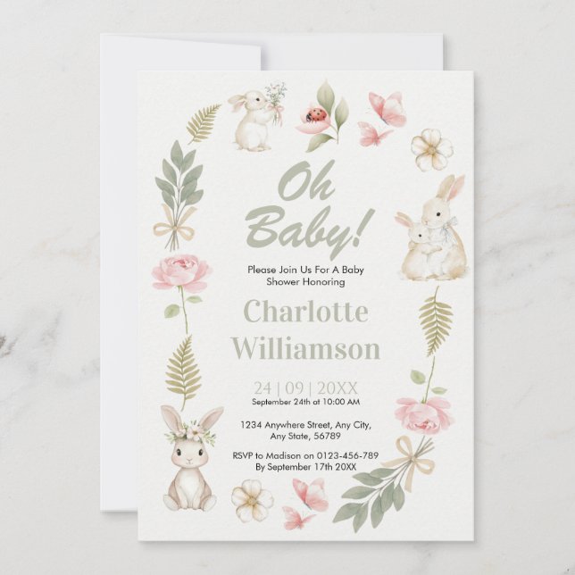 Convite de Chá de Bebê Oh Baby Floral Bunny Sage & (Frente)