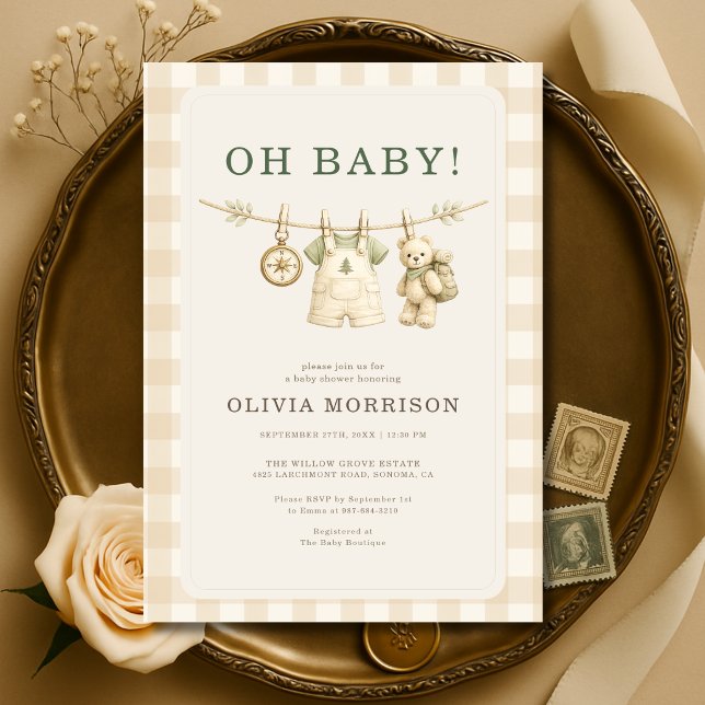 Convite de Chá de Bebê Oh Baby Woodland Gingham (Criador carregado)