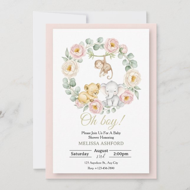 Convite de Chá de Bebê Oh Boy | Animais da Selva  (Frente)