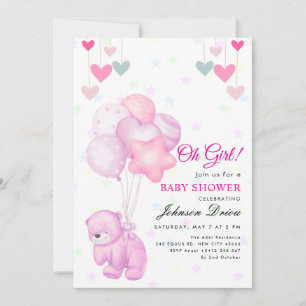 Convite de chá de bebê “Oh Girl!” com ursinho e ba
