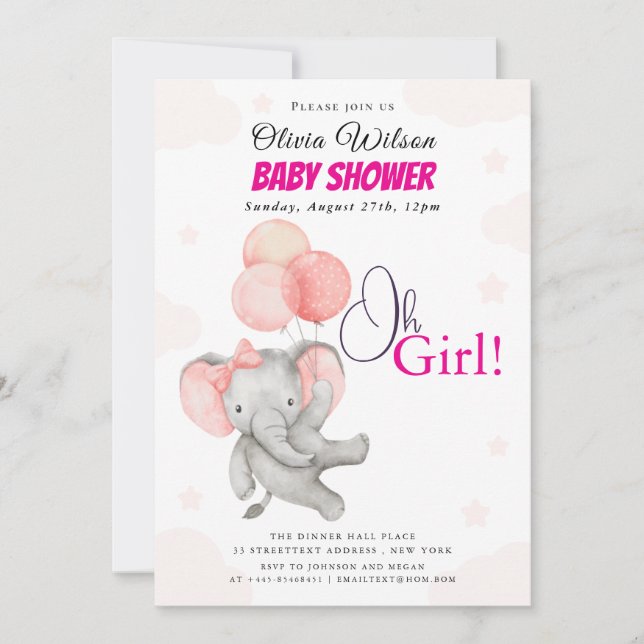 Convite de Chá de Bebê Oh Girl Elefante (Frente)