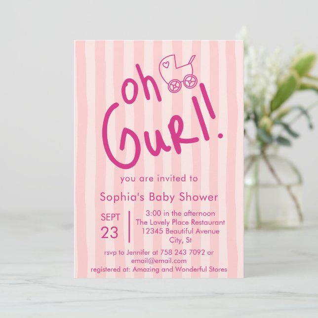 Convite de Chá de Bebê Oh Gurl Pink Stripe Girl  (Em pé/Frente)