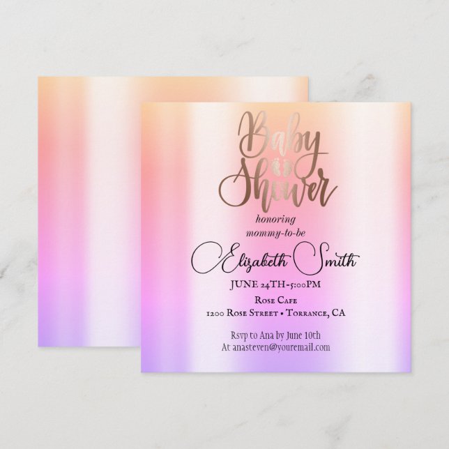 Convite de chá de bebê ombre em rosa dourado (Frente/Verso)