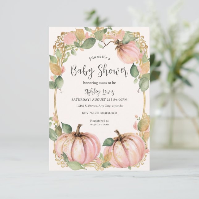 Convite de chá de bebê Outono Abóbora Rosa Baby Sh (Em pé/Frente)