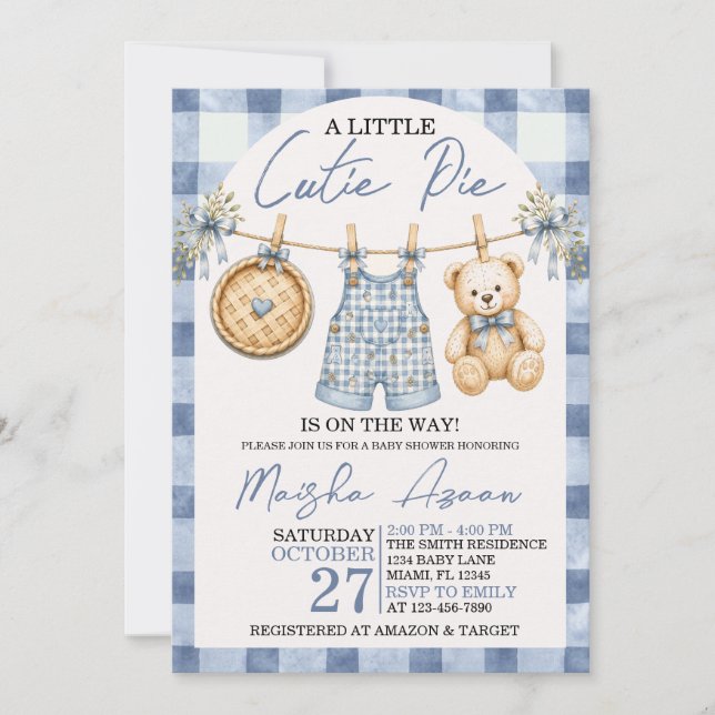 Convite de Chá de Bebê Outono Gingham com Laço Azu (Frente)