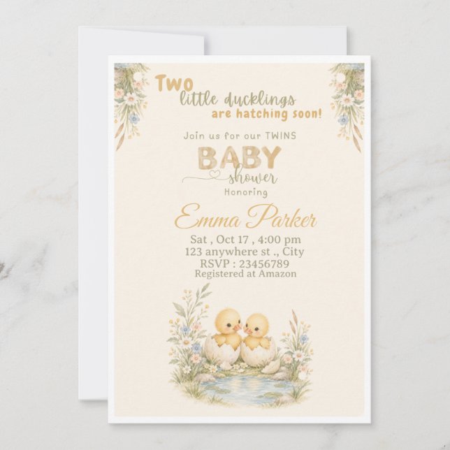 Convite de chá de bebê para gêmeos patinhos (Frente)