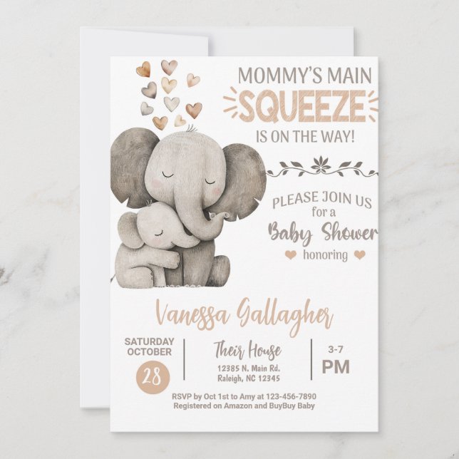 Convite de chá de bebê para mamãe e bebê elefante. (Frente)