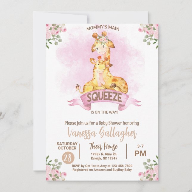 Convite de chá de bebê para mamãe e bebê girafa. (Frente)