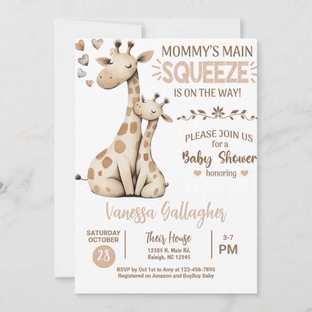 Convite de chá de bebê para mamãe e bebê girafa. (Frente)