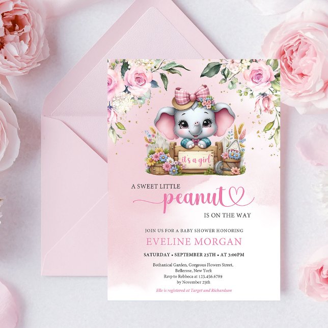 Convite de chá de bebê para menina com elefante fl (Cute elephant floral girl baby shower invitation)