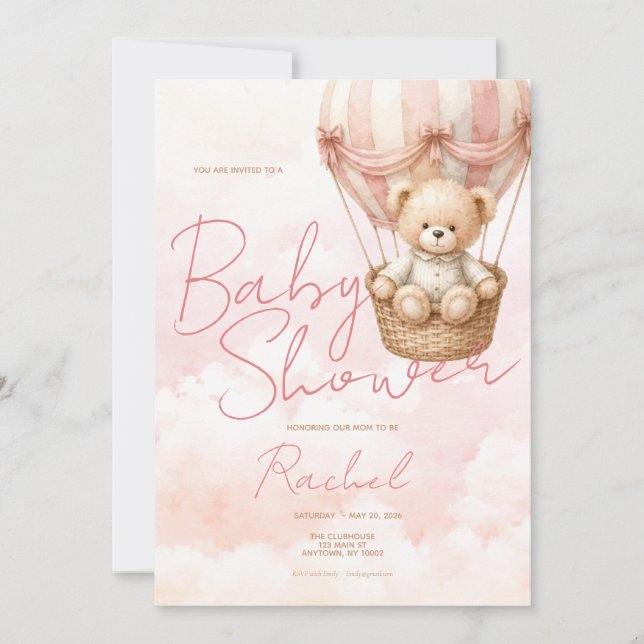 Convite de Chá de Bebê para Menina com Urso Teddy  (Frente)