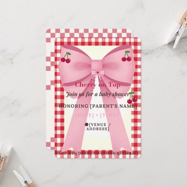 Convite de Chá de Bebê para Menina Coquette Cherry (Frente/Verso In Situ)