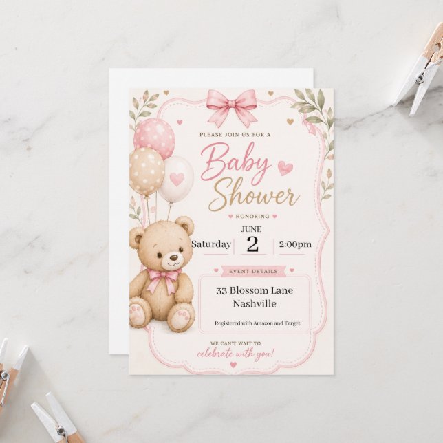 Convite de Chá de Bebê para meninas com tema de ur (Frente/Verso In Situ)
