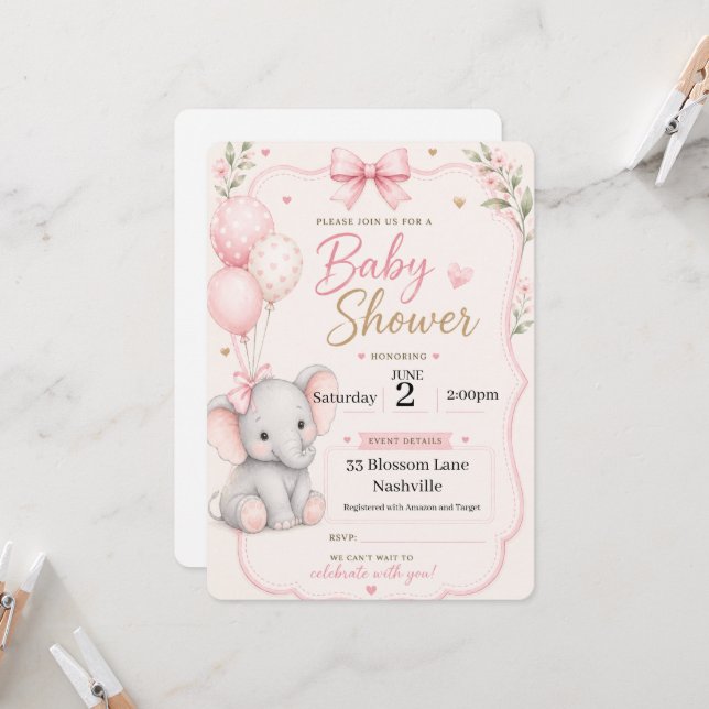 Convite de Chá de Bebê para meninas tema elefante (Frente/Verso In Situ)