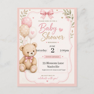 Convite de Chá de Bebê para meninas tema ursinho