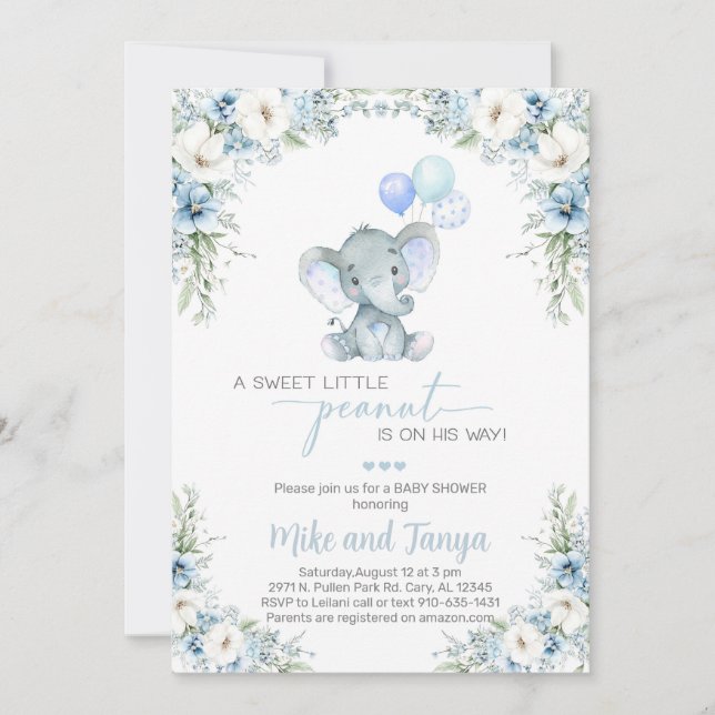 Convite de chá de bebê para menino com Elefante &  (Frente)