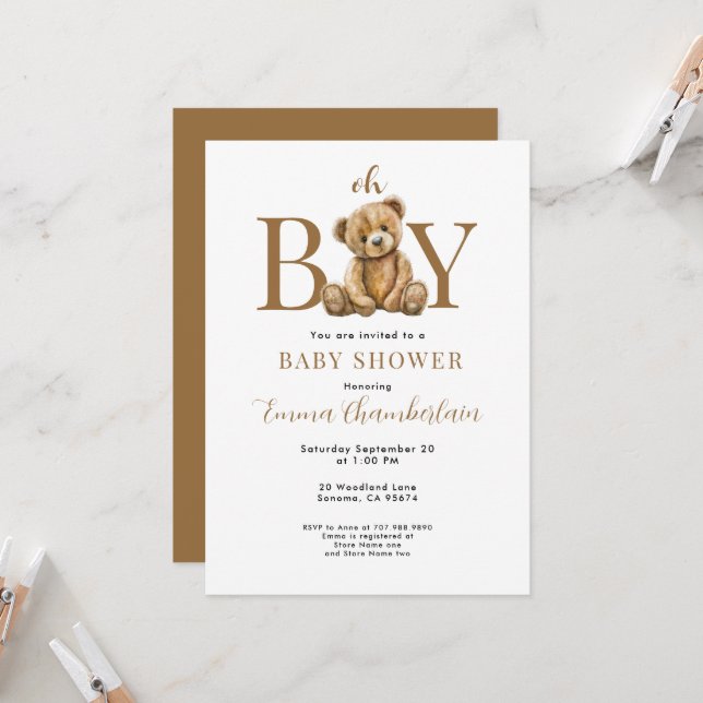 Convite de Chá de Bebê para Menino Urso Teddy Oh M (Frente/Verso In Situ)