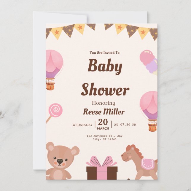 Convite de Chá de Bebê Pastel – Balões, Urso & Doc (Frente)
