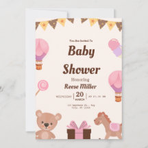 Convite de Chá de Bebê Pastel – Balões, Urso & Doc
