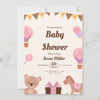 Convite de Chá de Bebê Pastel – Balões, Urso & Doc