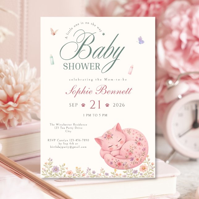 Convite de Chá de Bebê Pastel Floral Gatinho para  (Pastel Floral Cat Baby Shower Invitation for Girls)
