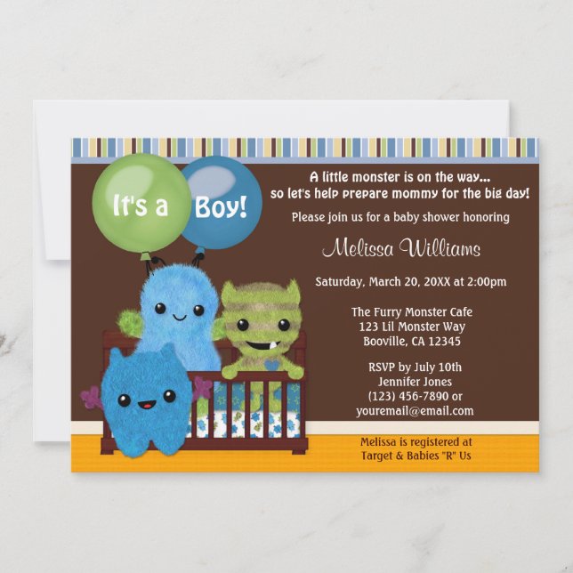 Convite de Chá de Bebê Peek a Boo MONSTROS menino  (Frente)