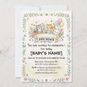Convite de Chá de Bebê Personalizável Gatinhos Fof