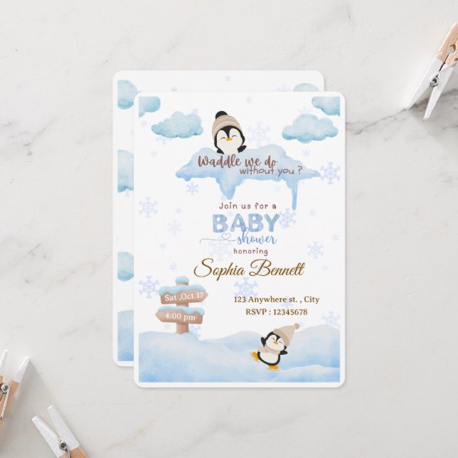 Convite de chá de bebê Pinguim (Frente/Verso In Situ)