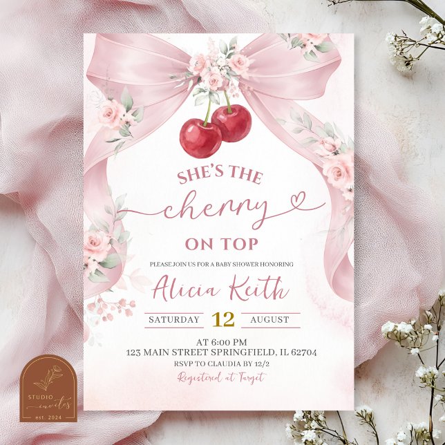 Convite de Chá de Bebê Pink Bow Coquette  Cherry o (Criador carregado)