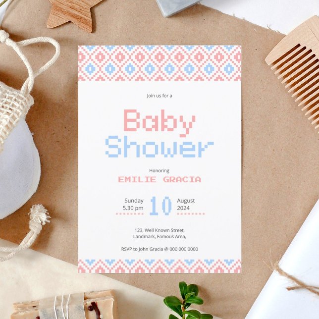 Convite de Chá de Bebê | Pixel Tear (cute , unique invitation card for baby shower with soft colors and pixel pattern )