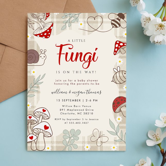 Convite de Chá de Bebê Plaid Check Fungi Snail Woo (Criador carregado)