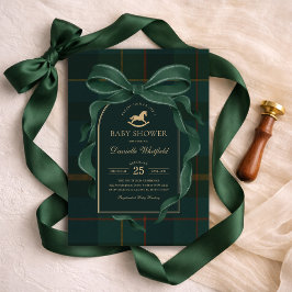Convite de Chá de Bebê Polo Tartan Equestre Verde 